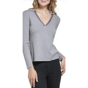 Calvin Klein Women's Shirt V-Neck Long Sleeve Sequin Collared Gray Size M New